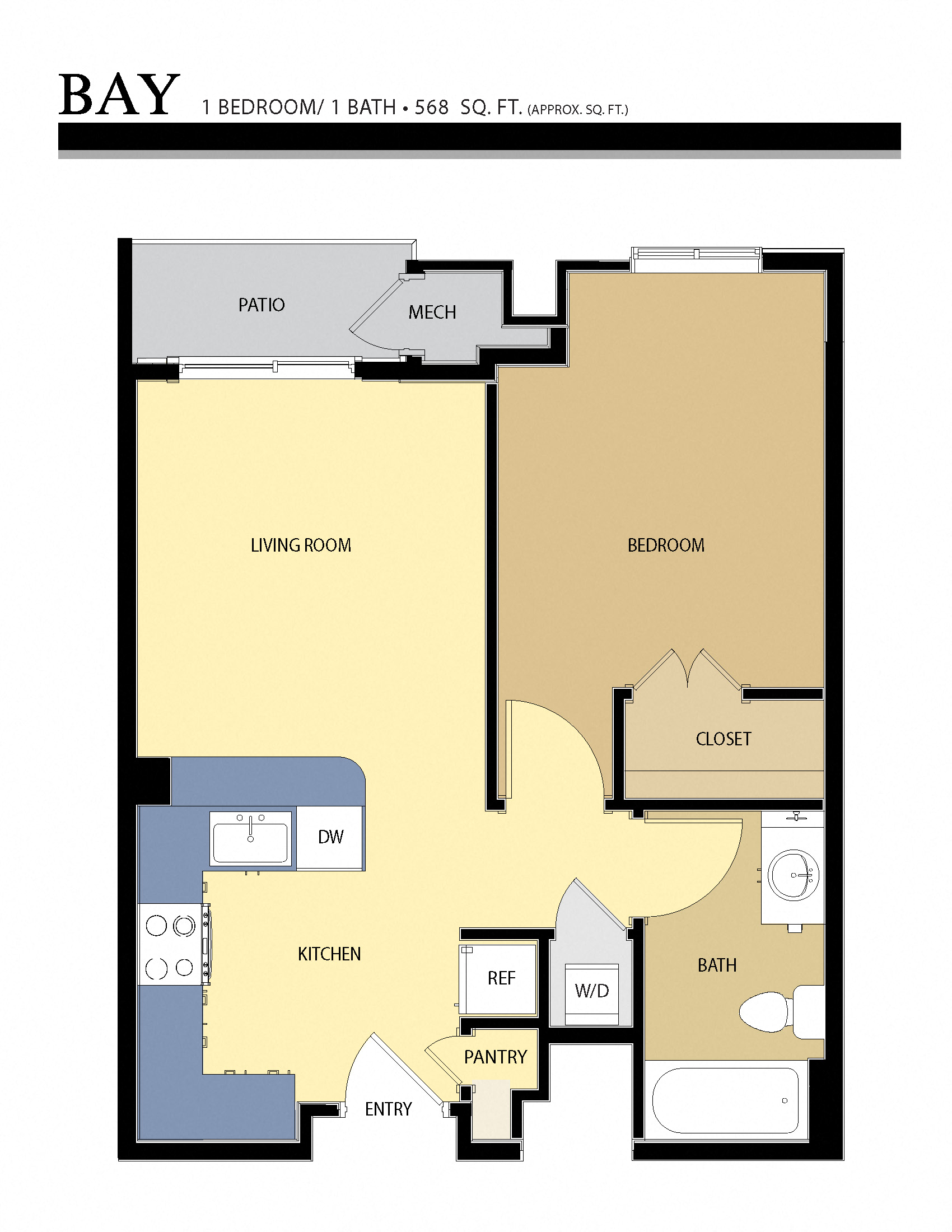Floor plan for 1 bed, 1 bath, 568 sqft